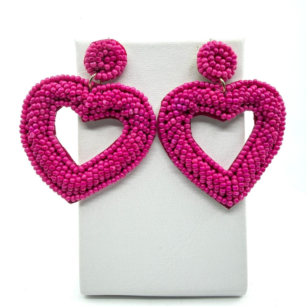 Hot Pink Seed Bead Heart Drop Earrings Oversized Statement Boho Dangle Pierced